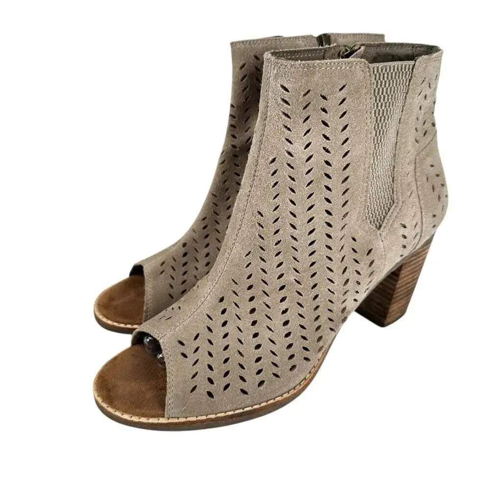 TOMS Majorca Peep Toe Booties Womens 9.5 Beige Cutout Suede Ankle Heels
